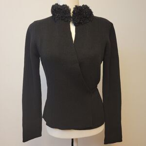 Max Studio Black Wrap Sweater M Faux Fur Collar Tie Back Bell Sleeve Knit Top